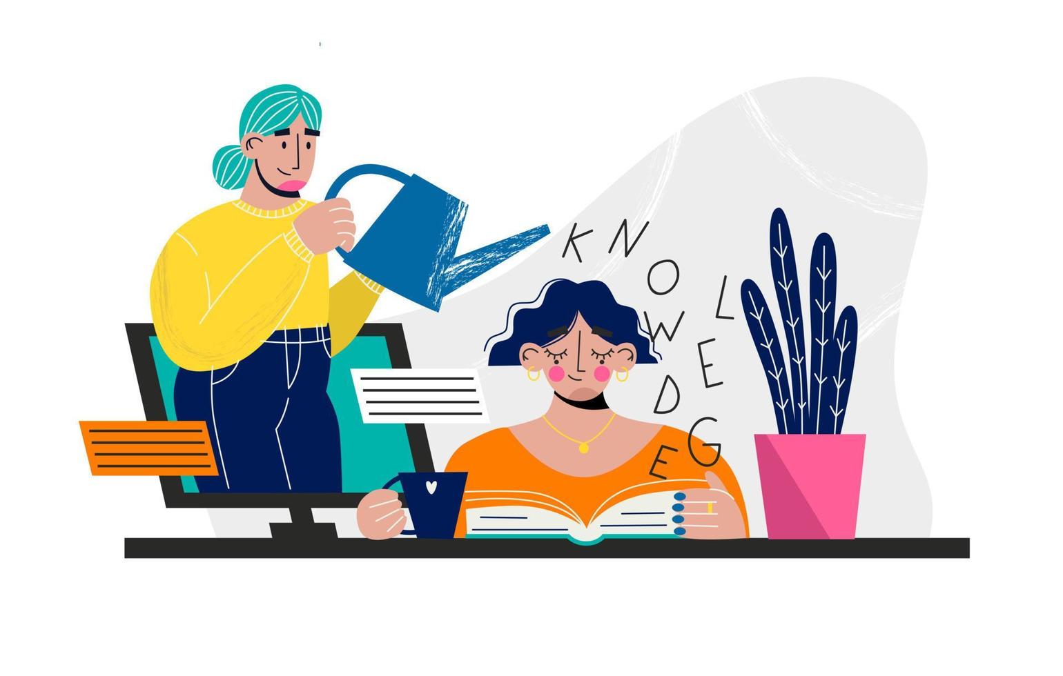 E-learning banner. Online education. Young woman studying online. Internet school, professional teacher service. Flat vector illustration.