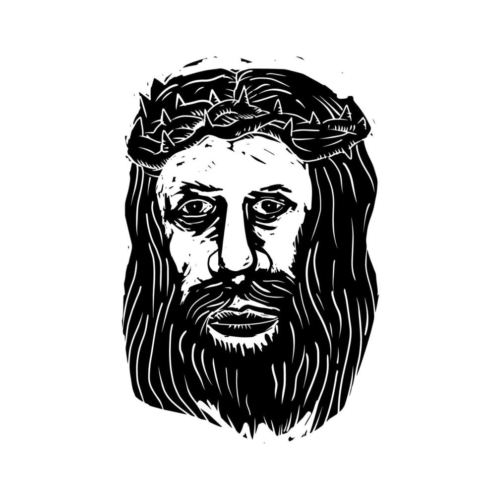 Christ Savior Head withThorns Woodcut vector
