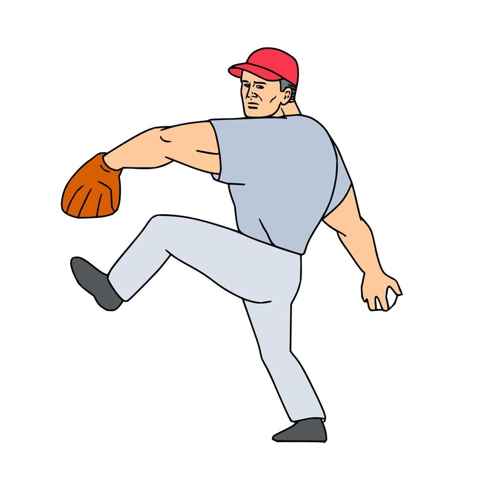 lanzador de jugador de béisbol listo para lanzar dibujos animados de pelota vector