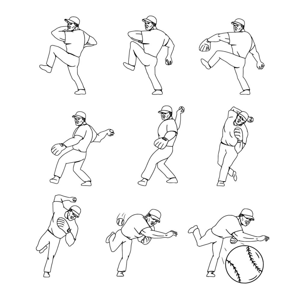 American Baseball Pitcher Throwing Ball Complete Set vector