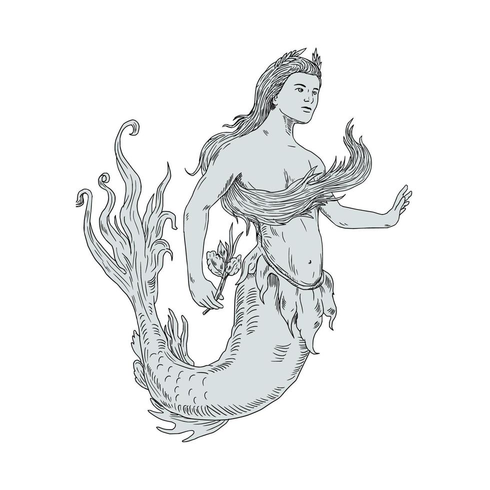 Vintage Mermaid Holding Flower Drawing vector