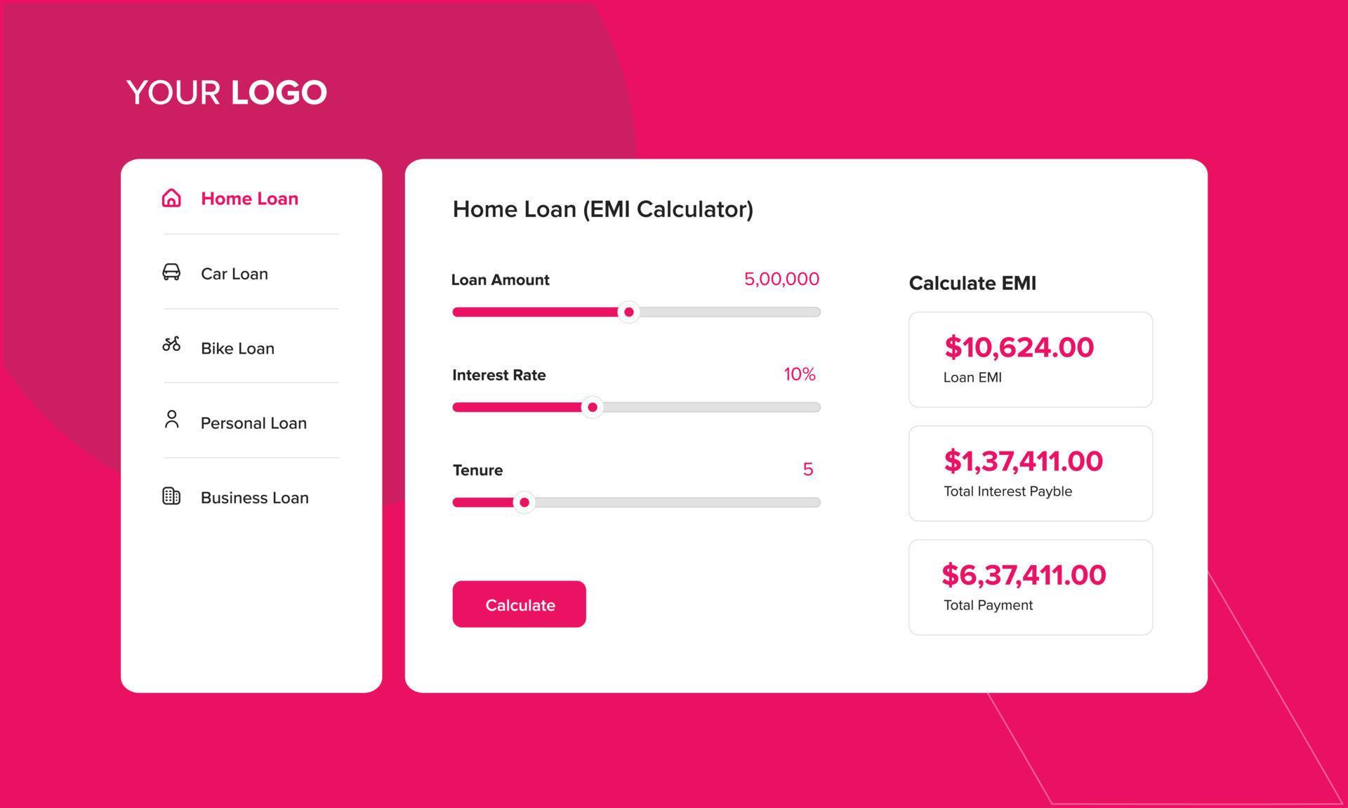 Loan calculator for banking, finance, kiosk machine, credit union