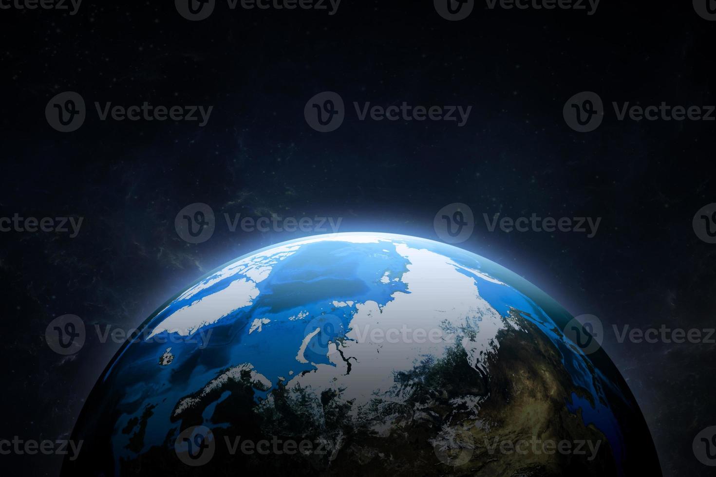 Night world in outer space abstract wallpaper, city lights on planet civilization. 3d render photo