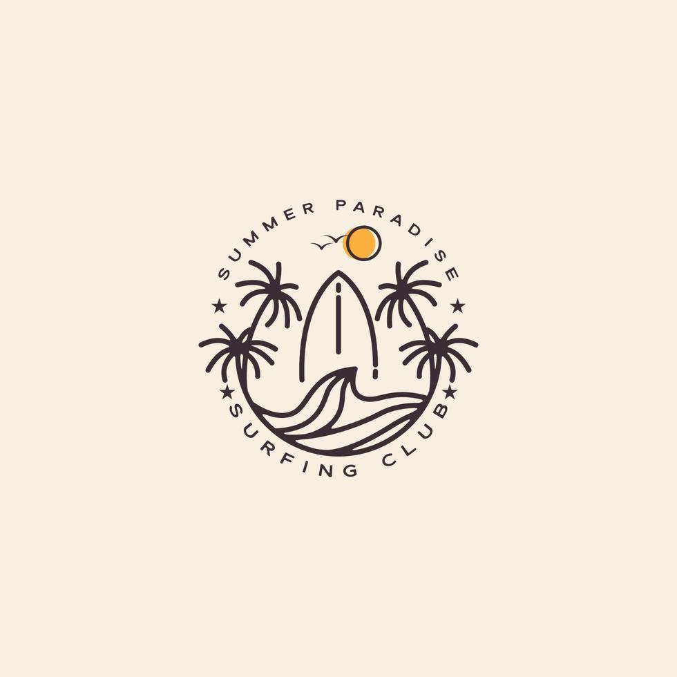 vacaciones verano surf línea retro estilo logotipo diseño vector icono ilustración