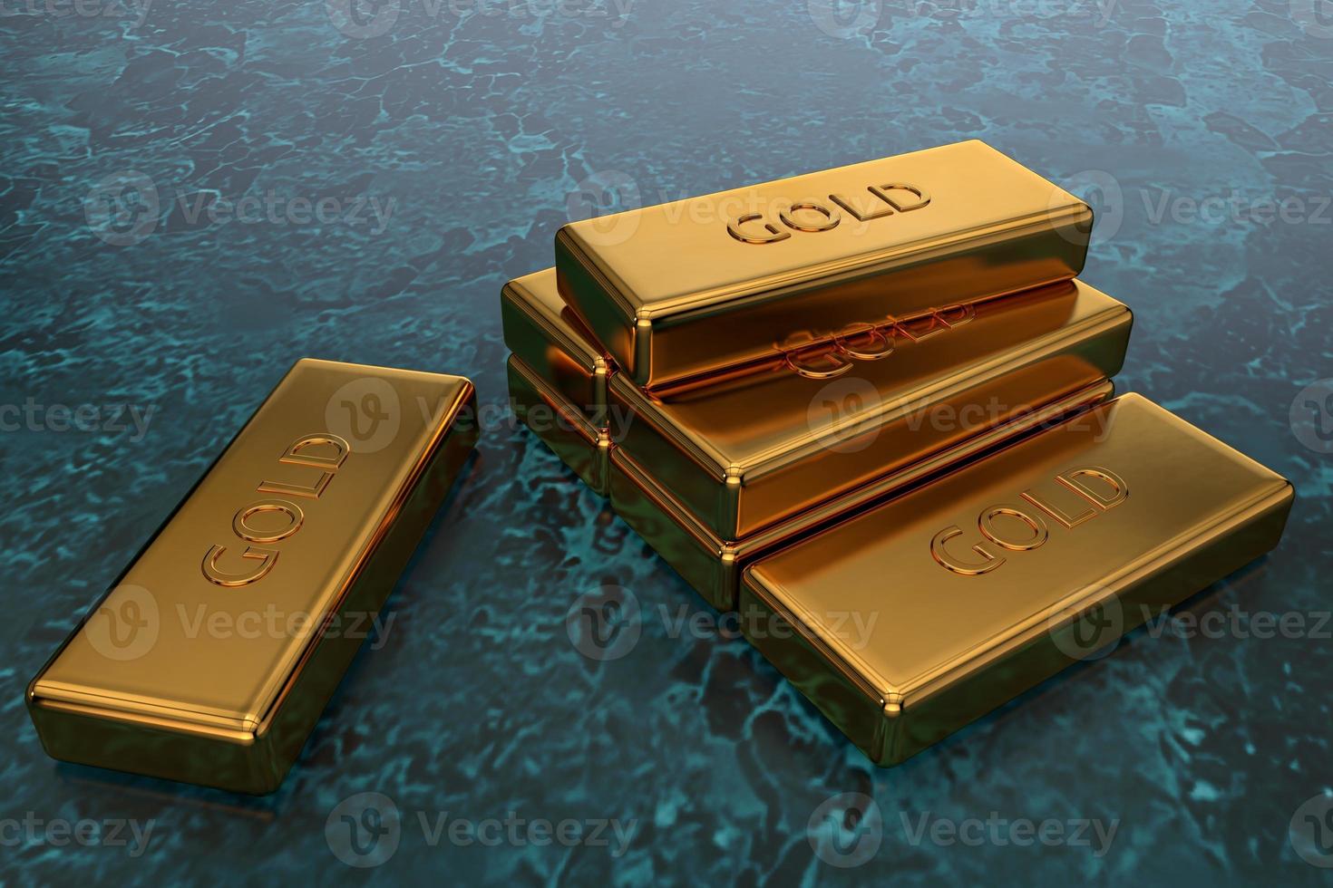 Gold bars on a blue-green background in 3D illustration. Large amount of gold in reserve photo
