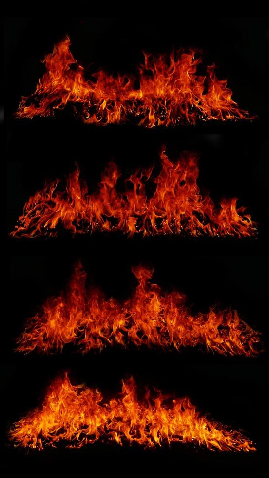 A collection of 4 flame images.Flame Flame Texture for whimsical fire backgrounds. Flame meat that has been burned from the stove or from cooking danger feeling abstract black background. photo