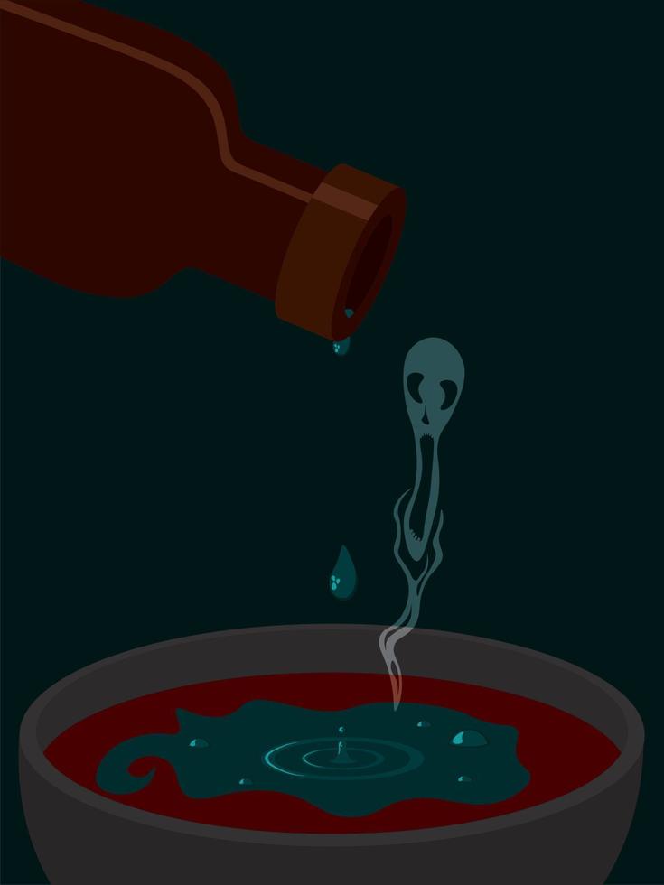 Goblet with poisoned red wine and bottle with leftover drops of poison vector illustration