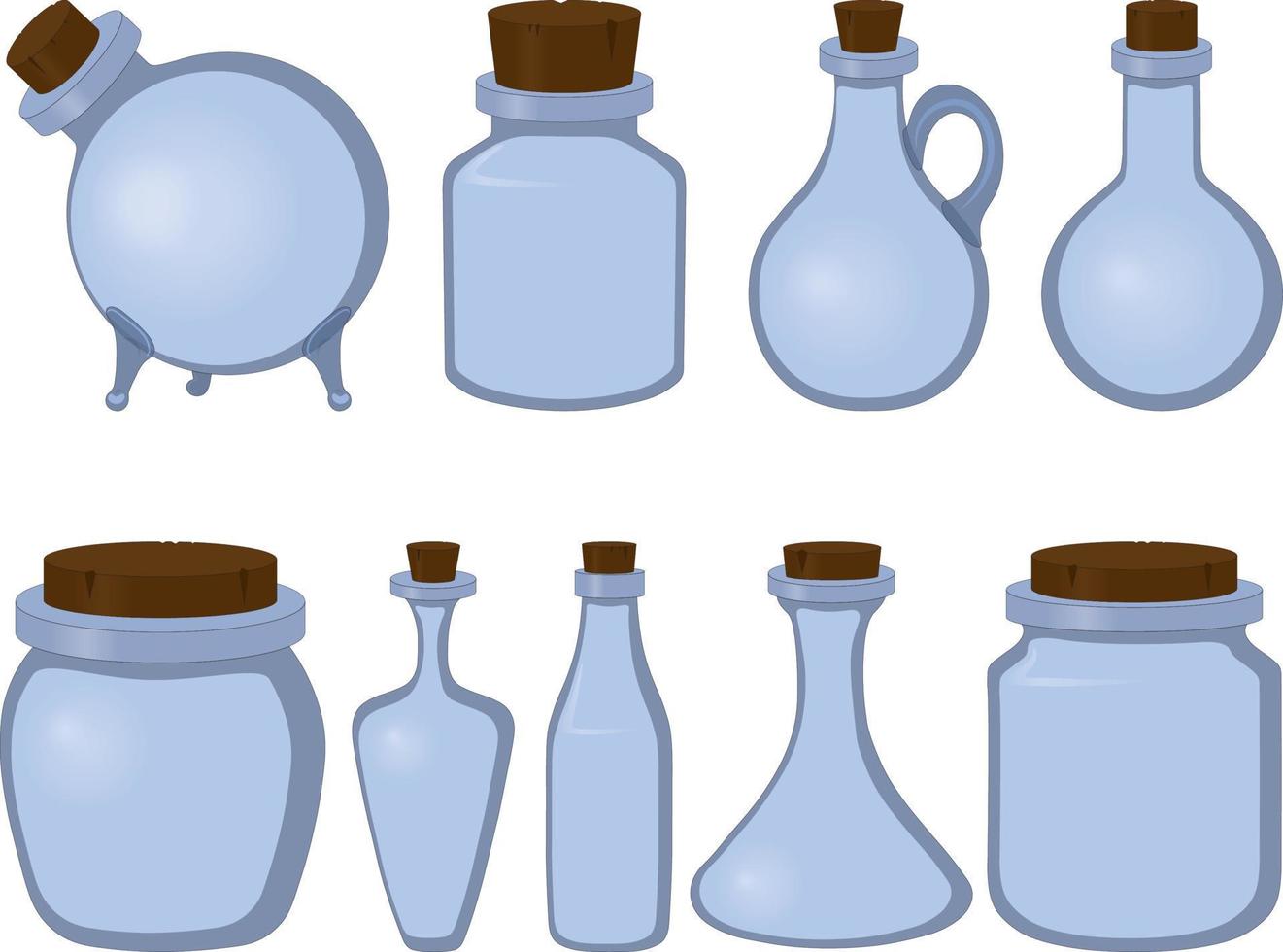 Glass jar, bottle and flask with wooden cork collection vector illustration