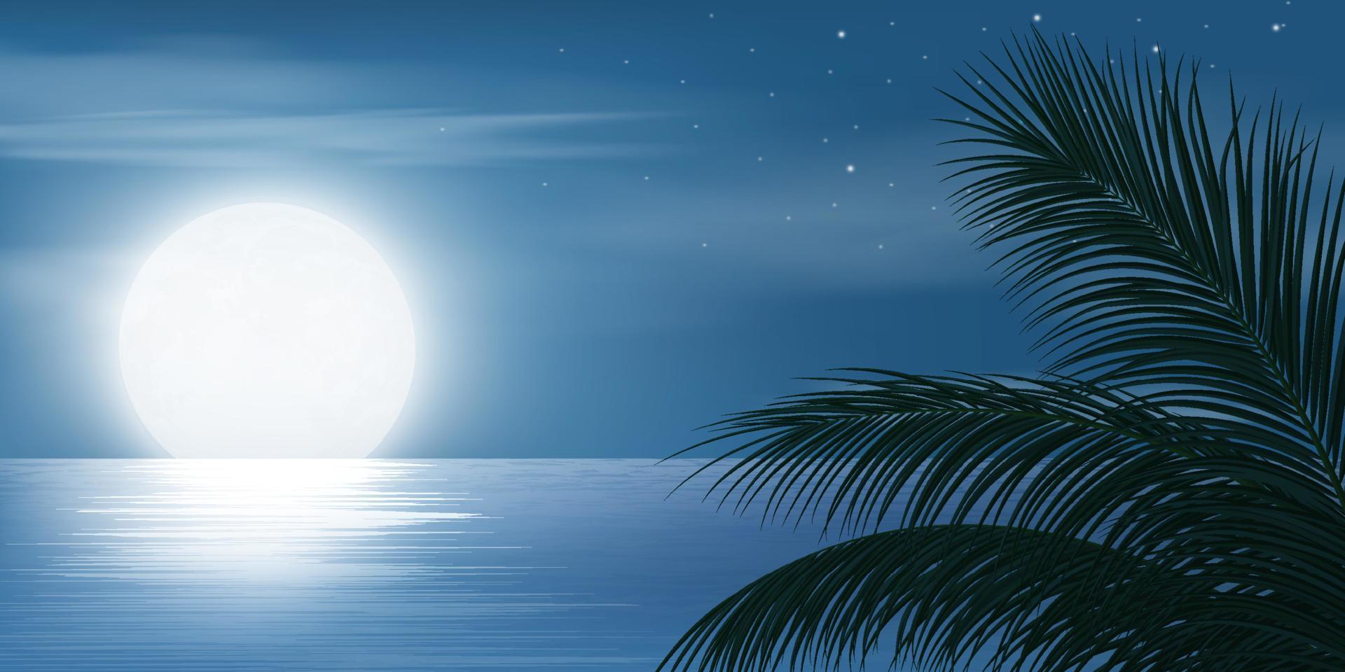 noche de luna llena en el cielo y estrellas en un lago tranquilo vector