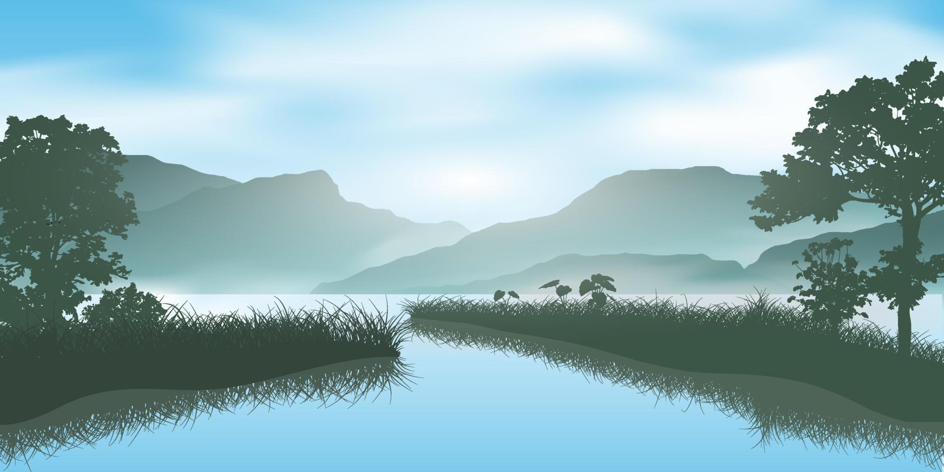 tree and grass silhouette in lake vector