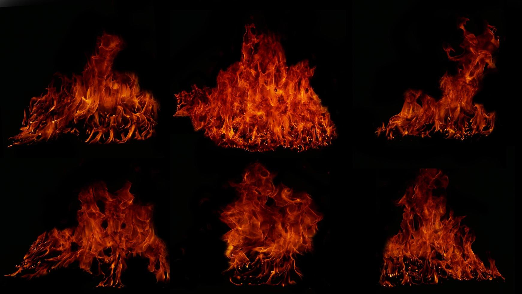 A collection of 6 flame images.Flame Flame Texture for whimsical fire backgrounds. Flame meat that has been burned from the stove or from cooking danger feeling abstract black background. photo