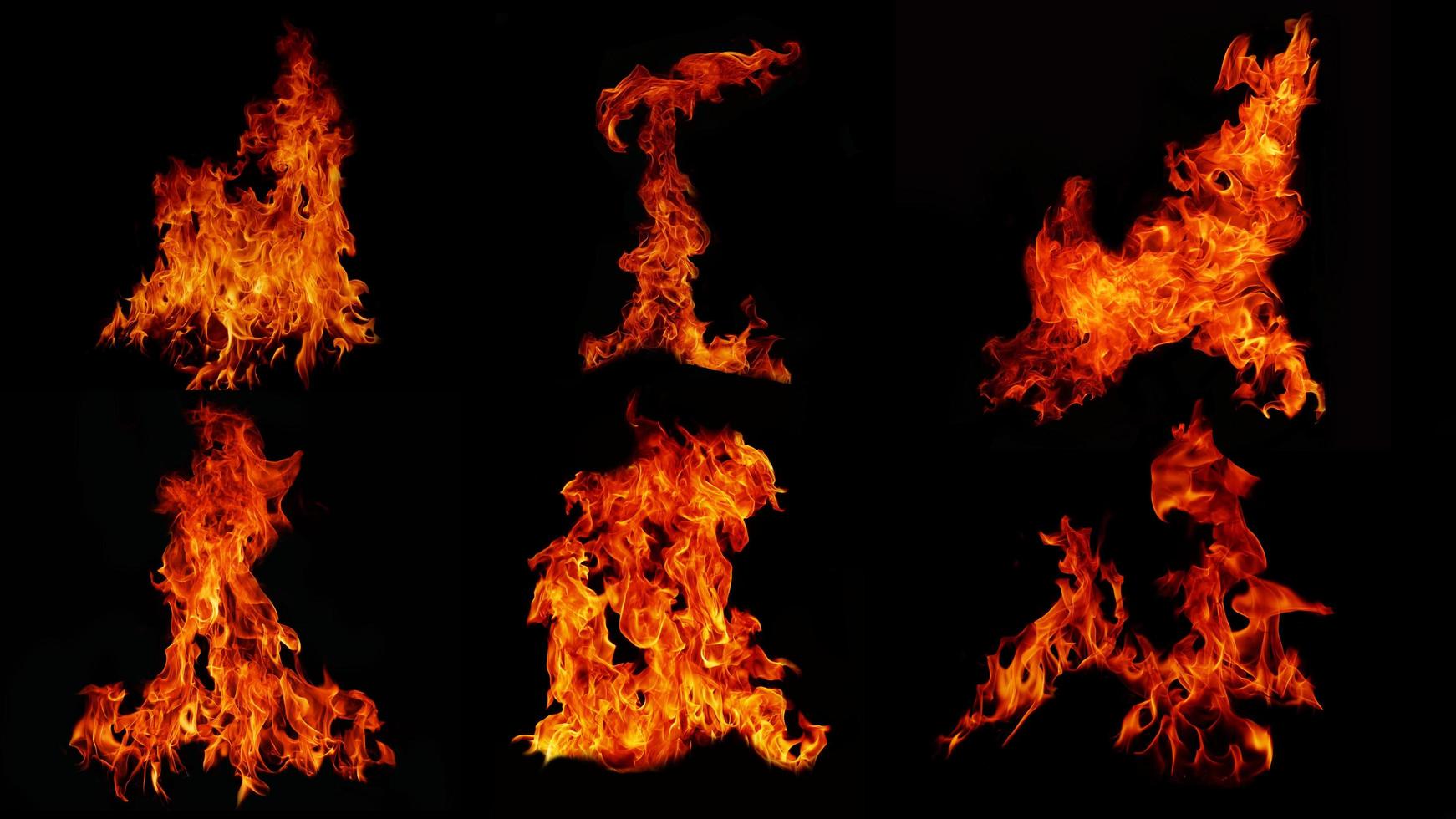 A collection of 6 flame images.Flame Flame Texture for whimsical fire backgrounds. Flame meat that has been burned from the stove or from cooking danger feeling abstract black background. photo