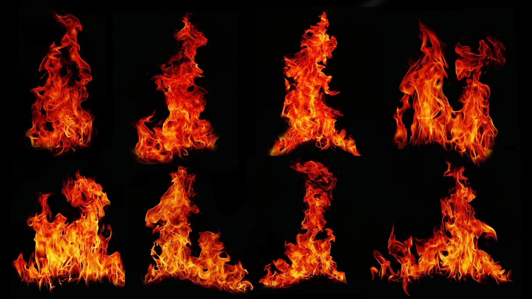 collection of burning fuel flames isolated on black background photo