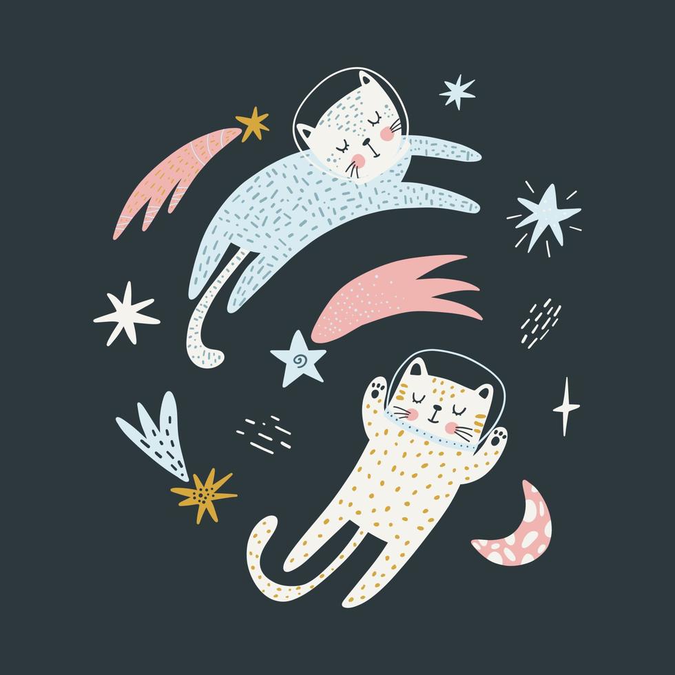 Cute cats astronauts traveling in outer space. Animal cosmonaut adventure in cosmos. Flat vector illustration of funny feline in universe.