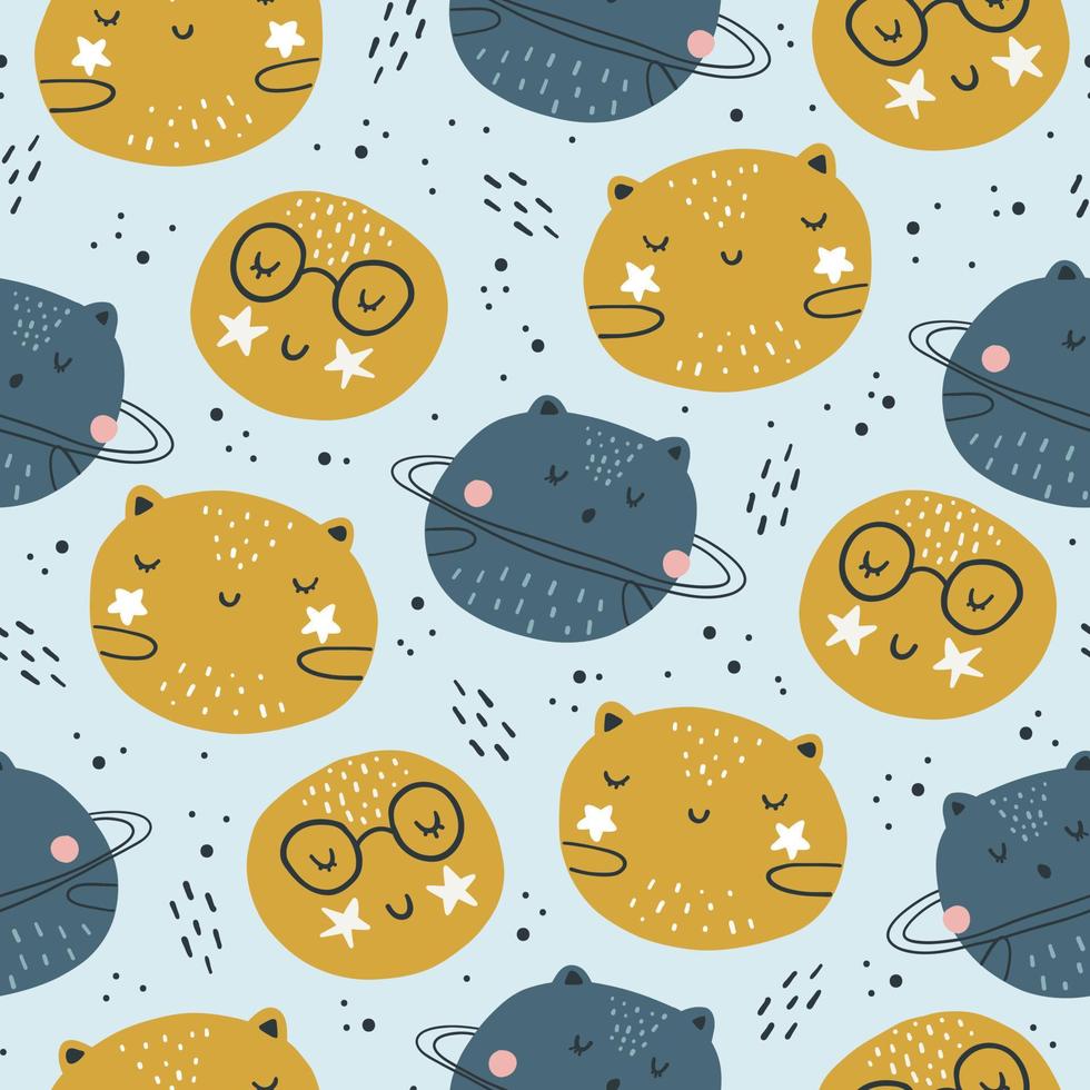 Seamless childish pattern with funny planet characters. Trendy space texture for fabric, apparel, textile, wallpaper. Cute kids print. Vector illustration.