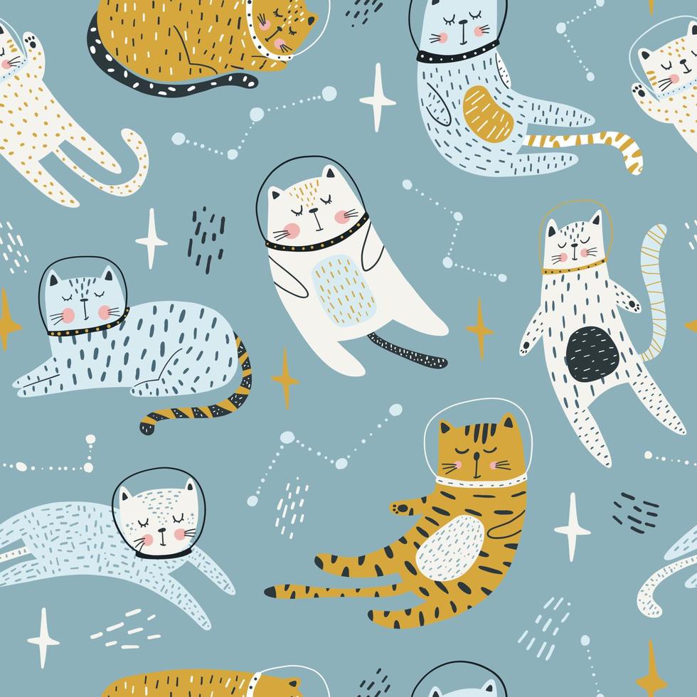 patrón infantil impecable con gatos astronautas en el espacio. estilo escandinavo colorido de moda. textura creativa de bebé escandinavo para tela, envoltura, textil, papel pintado, ropa. ilustración vectorial vector