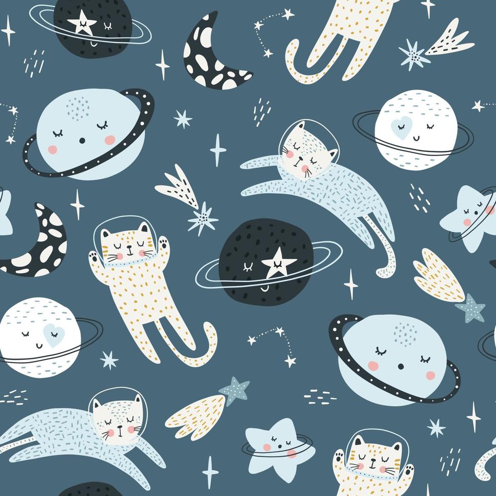 Seamless childish pattern with cat astronauts in space. Trendy colorful Scandinavian style. Creative scandinavian baby texture for fabric, wrapping, textile, wallpaper, clothes. Vector illustration