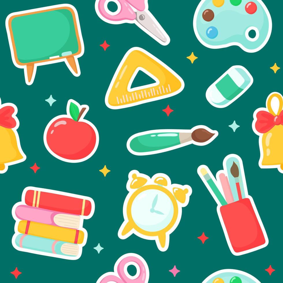 pattern of kawaii cartoon school supplies. back to school on white background. vector Illustration.