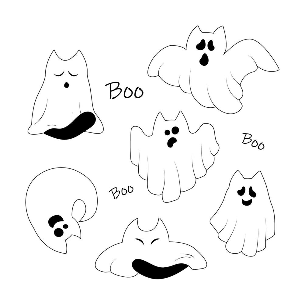 Set of cute ghost cats. Collection of cute flying kittens spirit. Halloween pets. Boo. Cartoon spooky baby character. Vector illustration for greeting card.