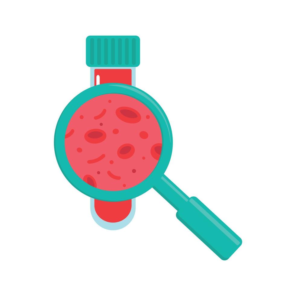 Hematology concept with erythrocytes in test tube and magnifying glass, flat style vector illustration