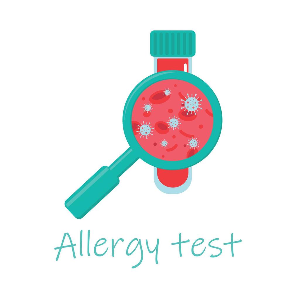 Laboratory test for allergies. Hematology concept with erythrocytes in test tube and magnifying glass, flat style vector illustration