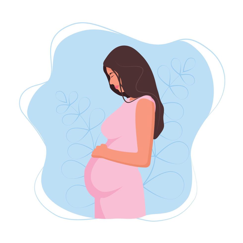 Portrait of beautiful young pregnant woman. Concept of pregnancy and motherhood. Flat vector illustration.