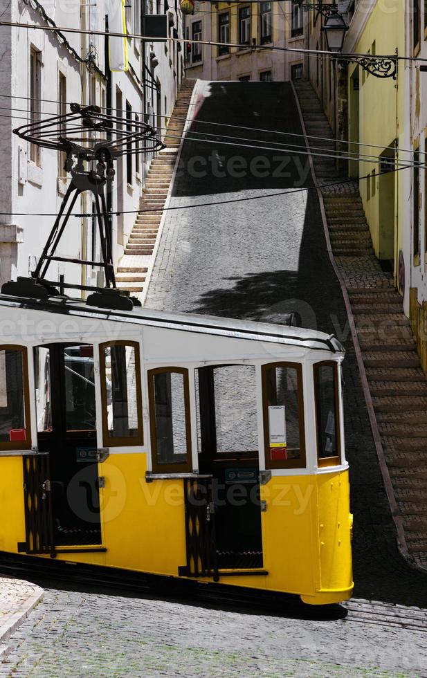 Side view of empty yellow Bica Funicular tram in Lisbon, Portugal photo