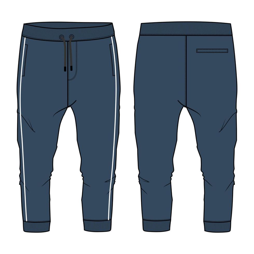 Sweatpants technical fashion flat sketch vector illustration blue Color template front back views