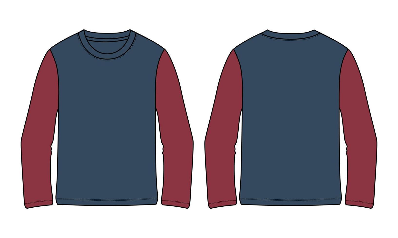 Two tone Color Long sleeve T shirt technical fashion flat sketch vector Illustration mock up template for Men's and boys.