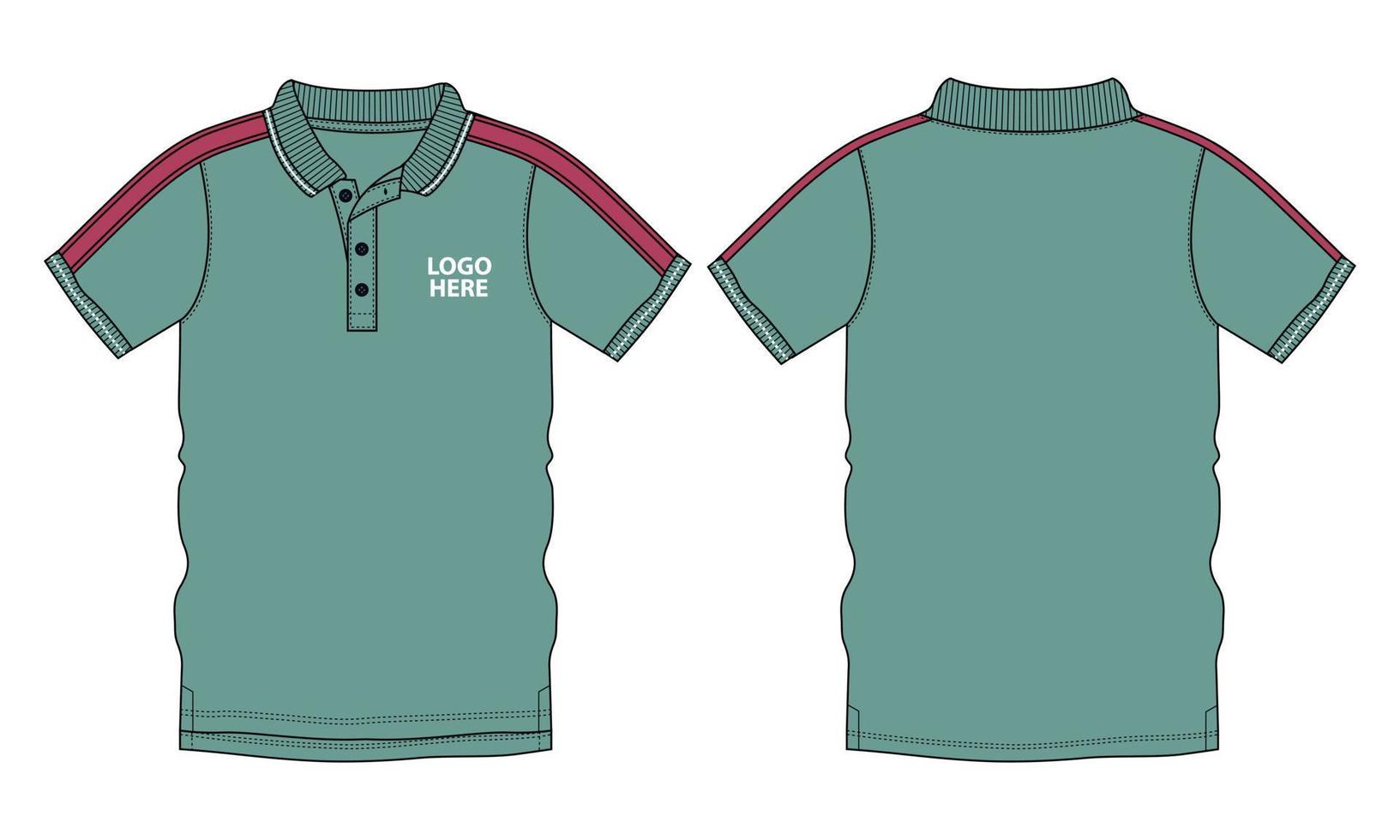 Short Sleeve polo shirt technical fashion flat sketch vector illustration template green Color front and back views