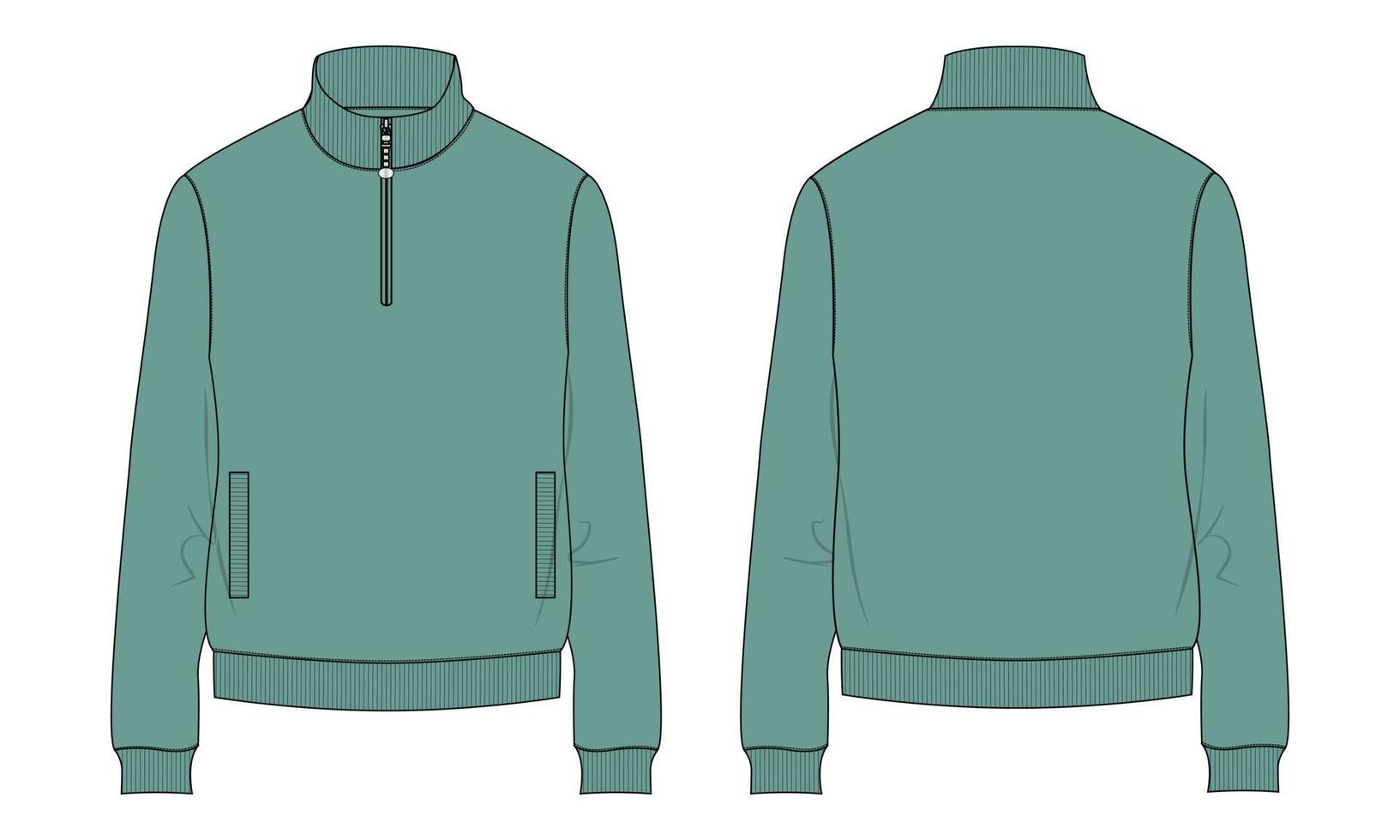 Long sleeve with Short zip fleece jacket  Sweatshirt technical fashion Flat sketch Vector illustration green Color template Front, back views.