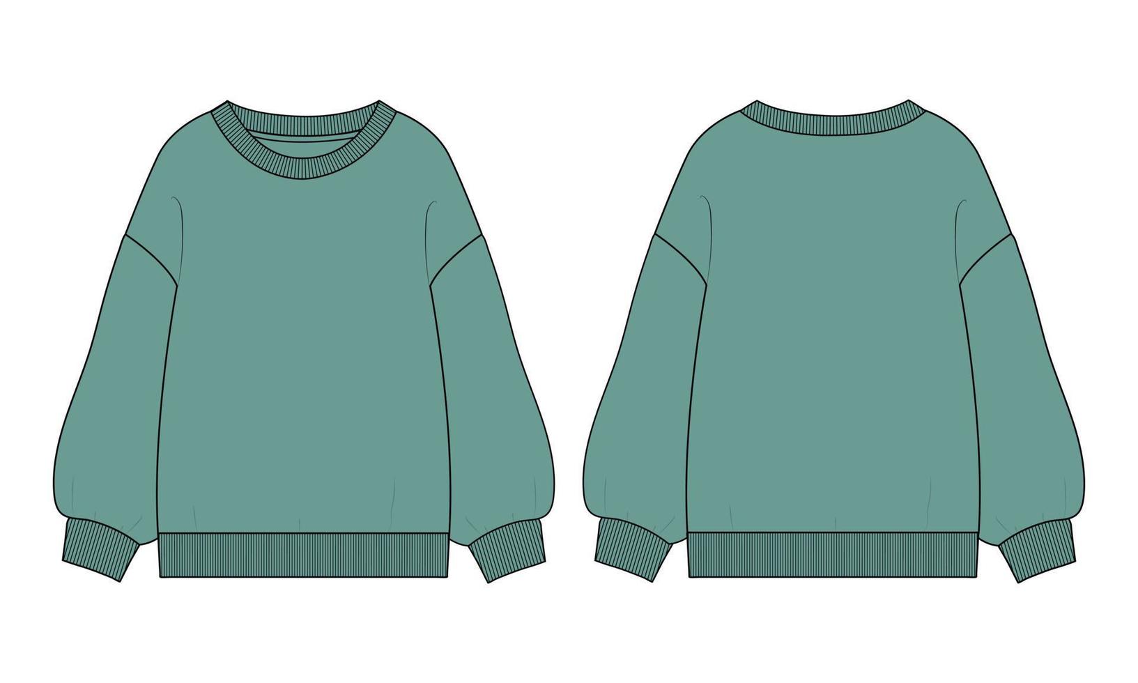 Sweatshirt technical fashion flat sketch vector illustration green Color template for women's