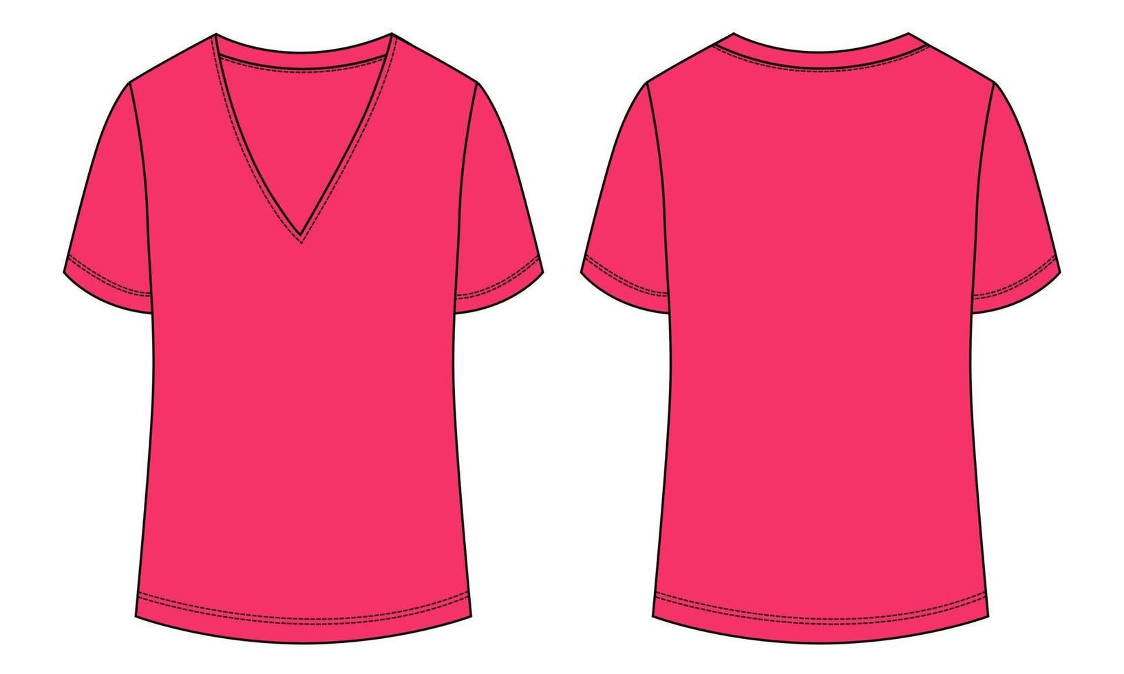 camiseta con cuello en v moda técnica boceto plano ilustración vectorial plantilla de color rosa para damas vector