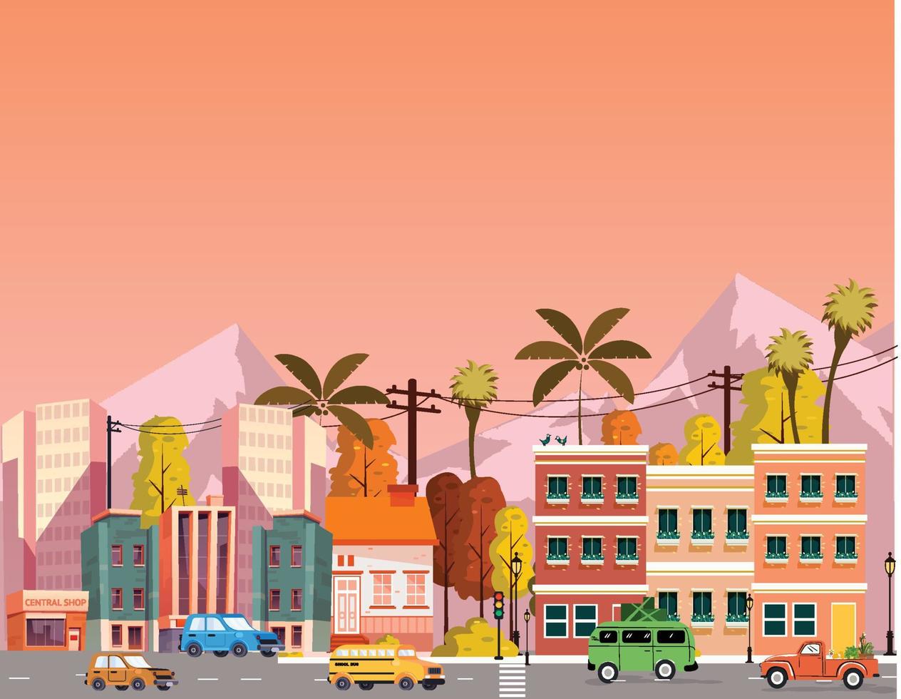 town landscape background buildings cars road icons decor vector