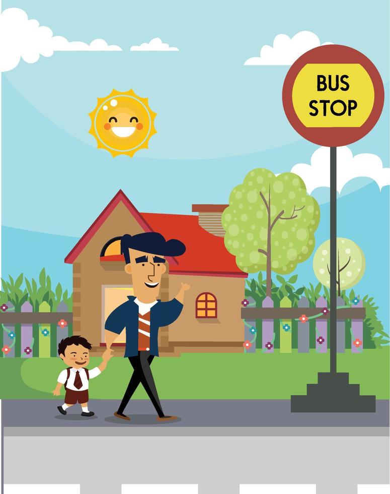 father is taking his son to school vector