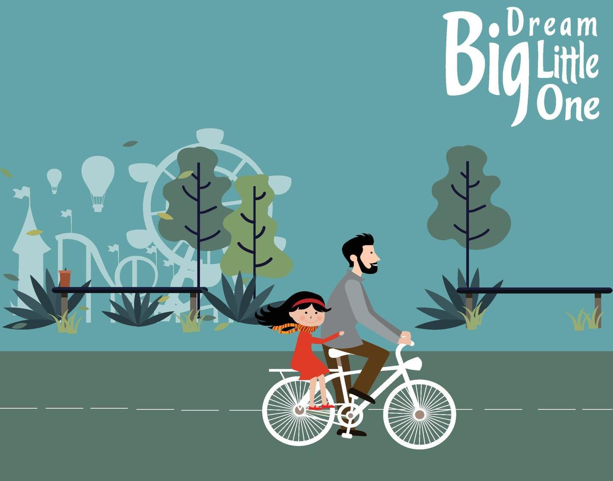 father biking a bicycle with his daughter riding on a road vector