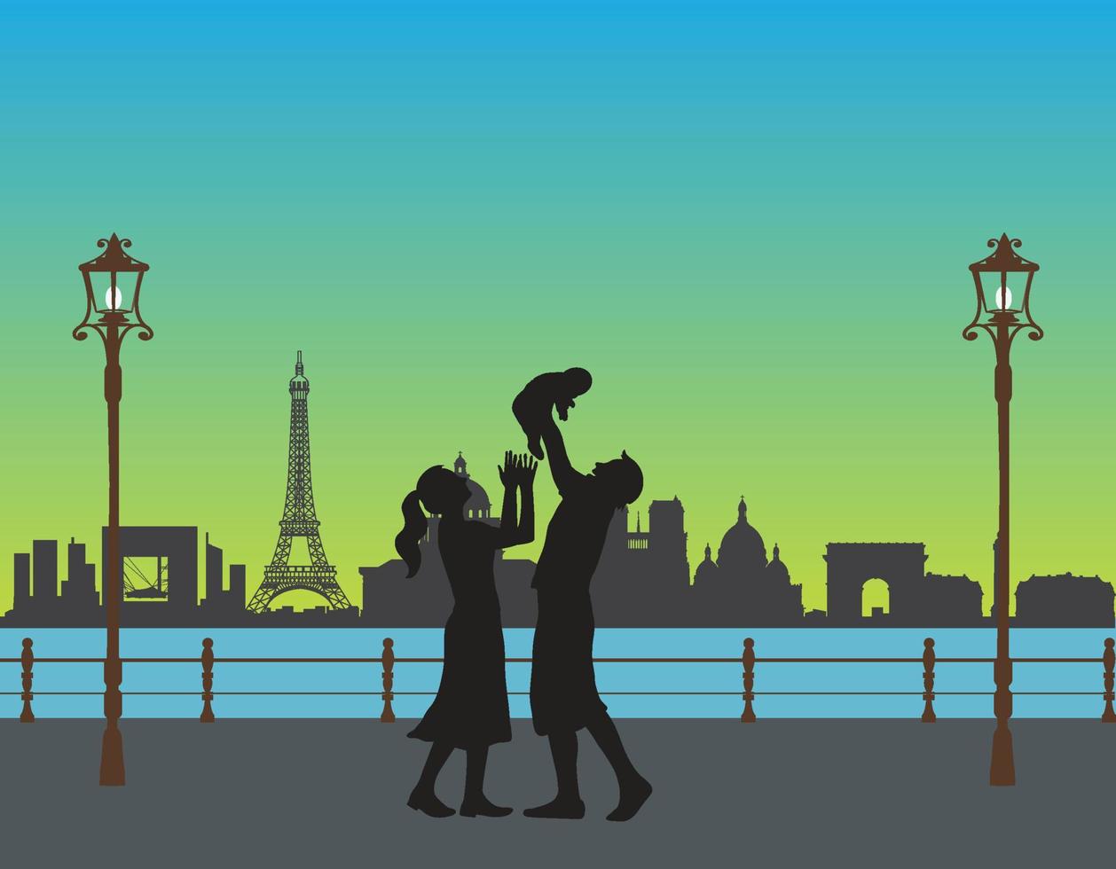 Silhouette of a family with their son on the river vector