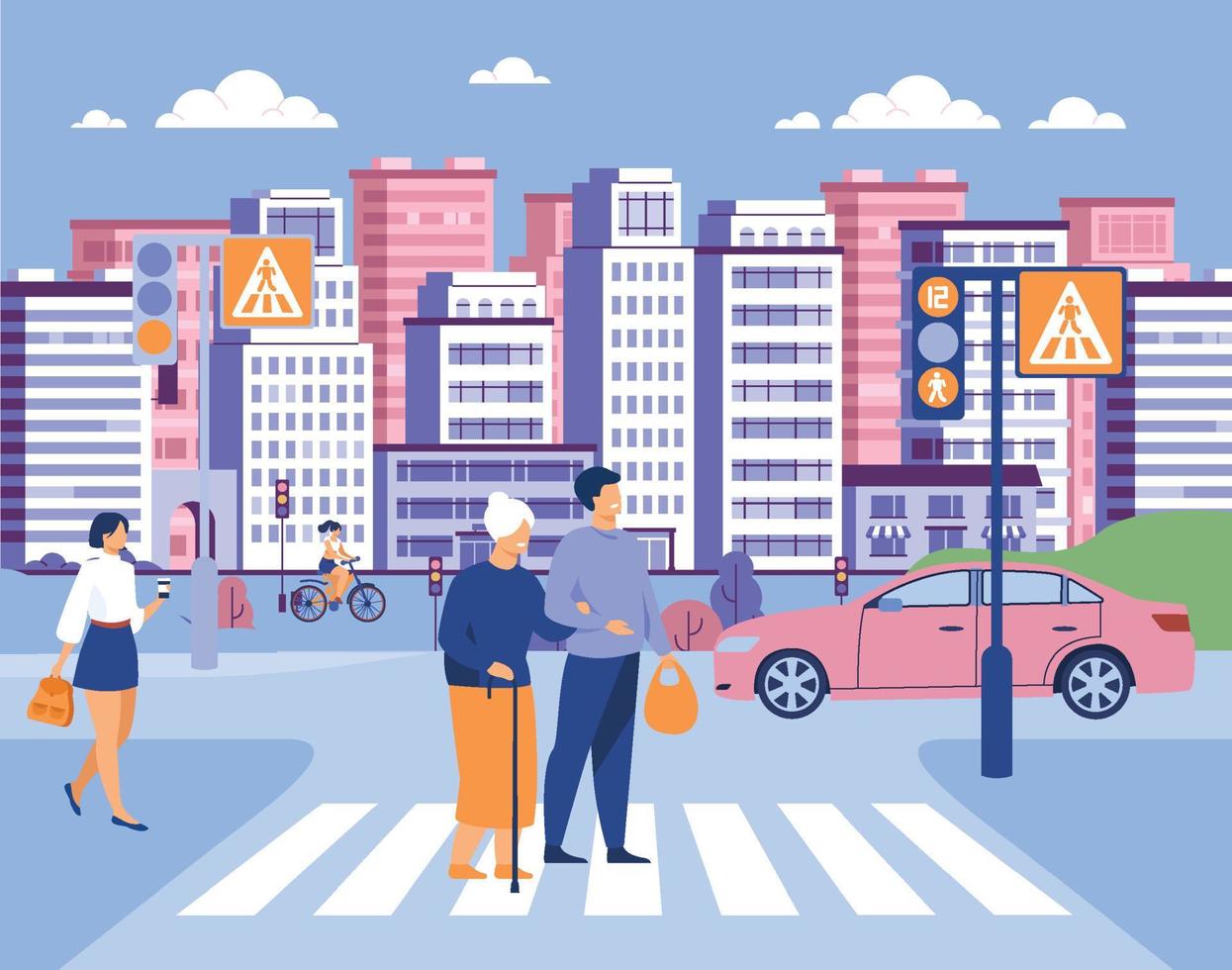 young man helping old woman crossing road vector