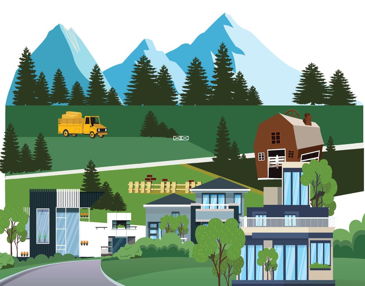 House in the forest mountains in the background vector