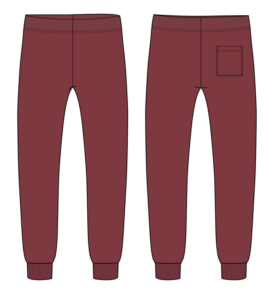 Sweatpants technical fashion flat sketch vector illustration Red Color template front back views