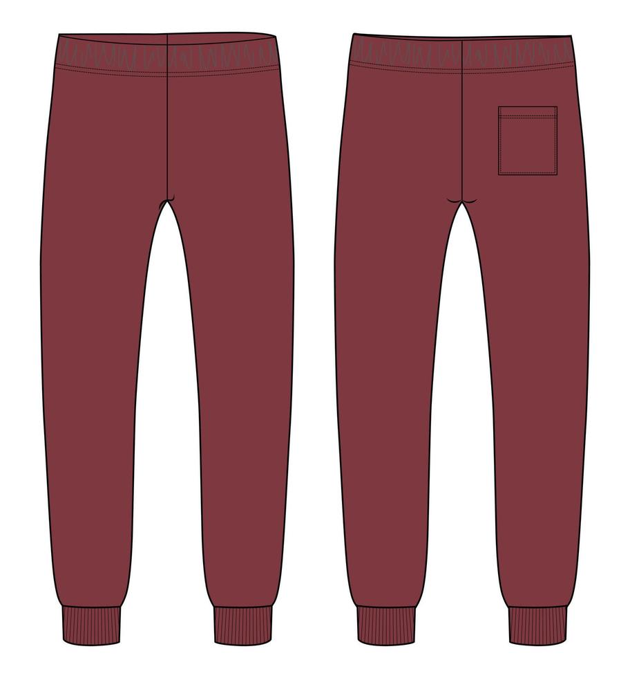 pantalones de chándal moda técnica boceto plano ilustración vectorial plantilla de color rojo vistas frontales y traseras vector