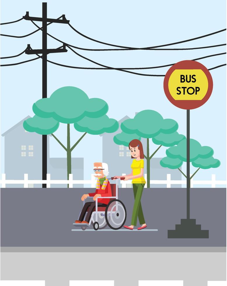 The woman pushing the senior man in a wheelchair vector