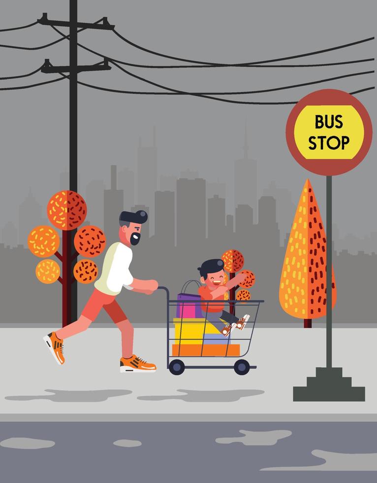 Father pushing child in shopping trolley vector