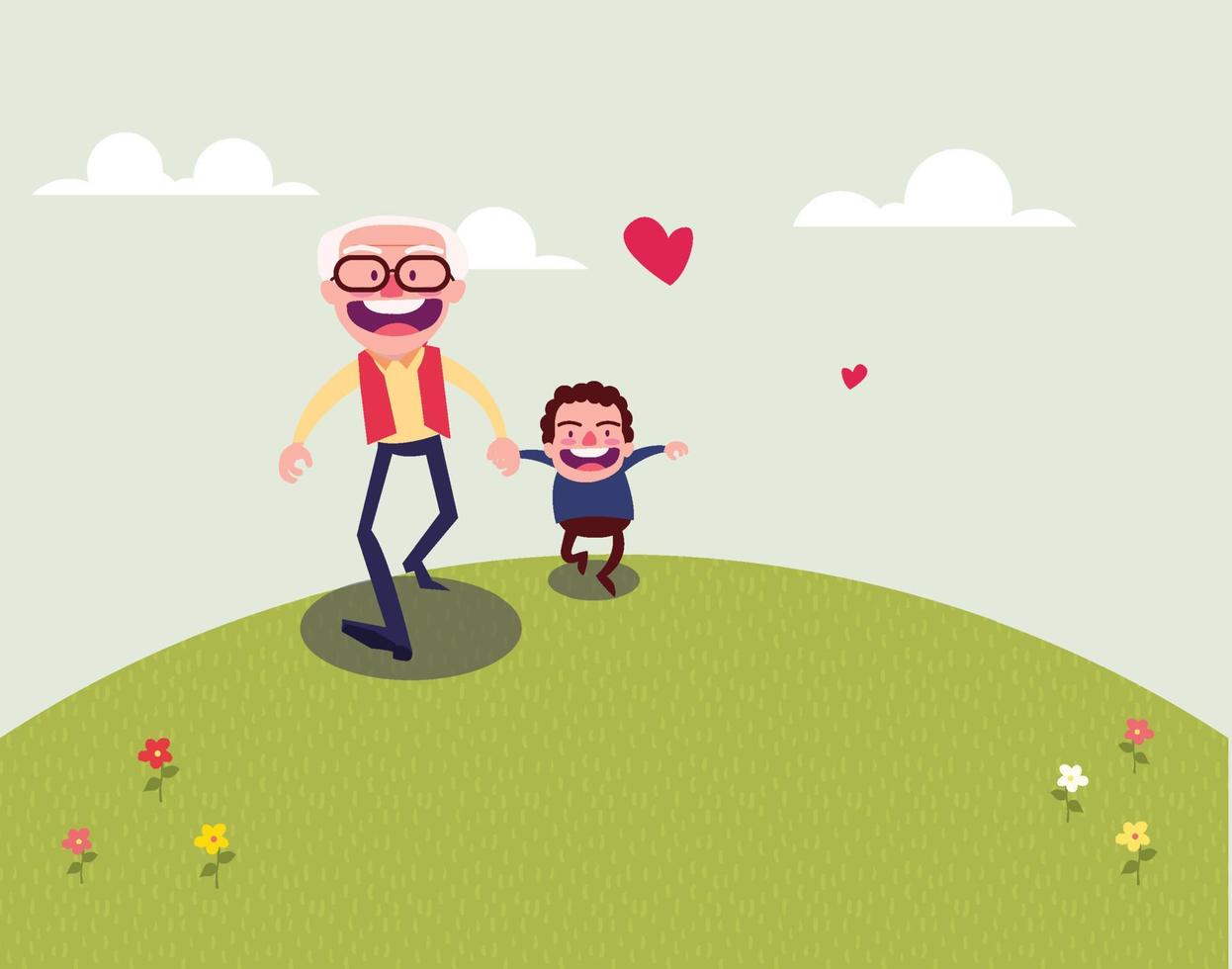 father and son walking hand in hand on the hill vector