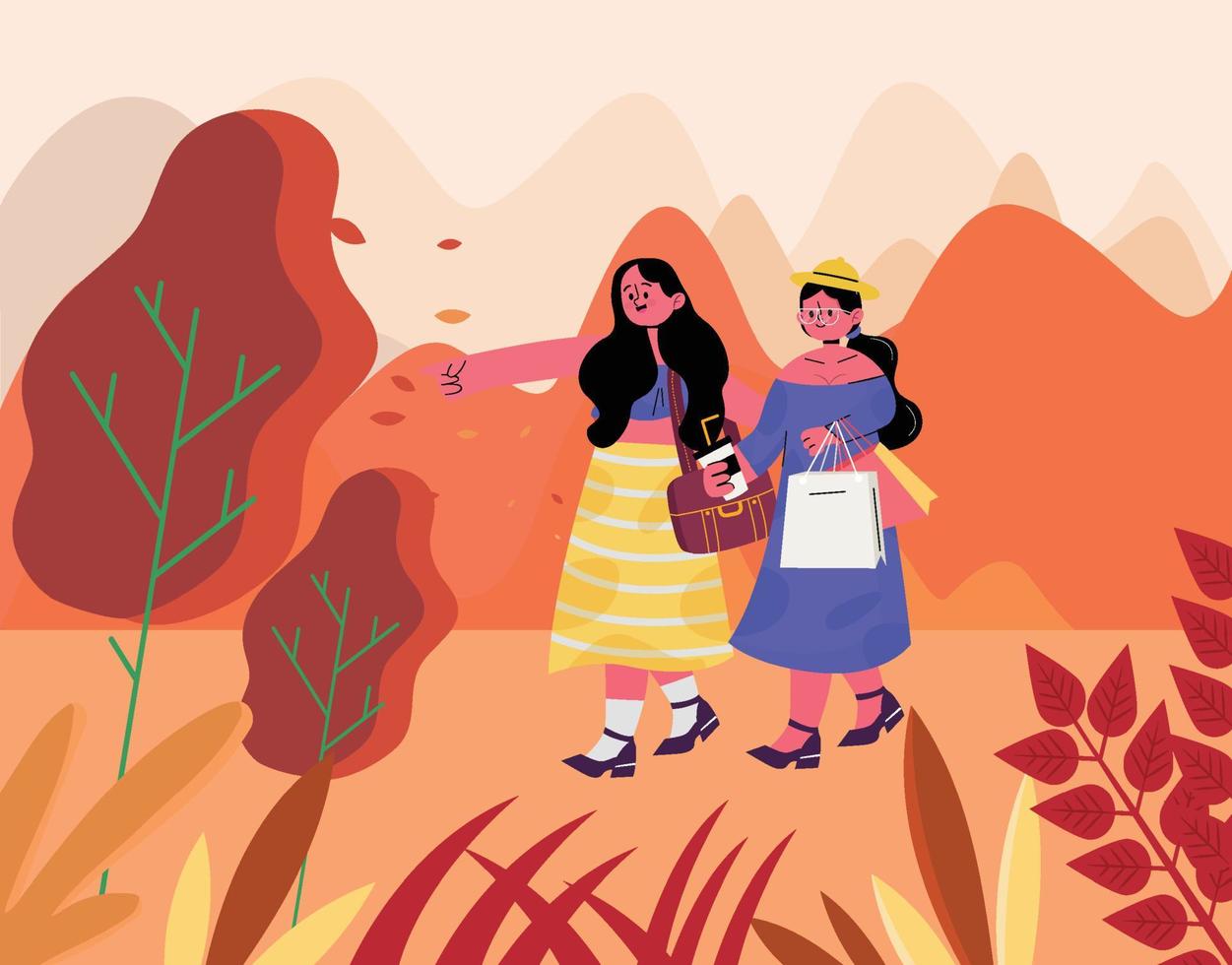 Two Girls Walking in a Park vector