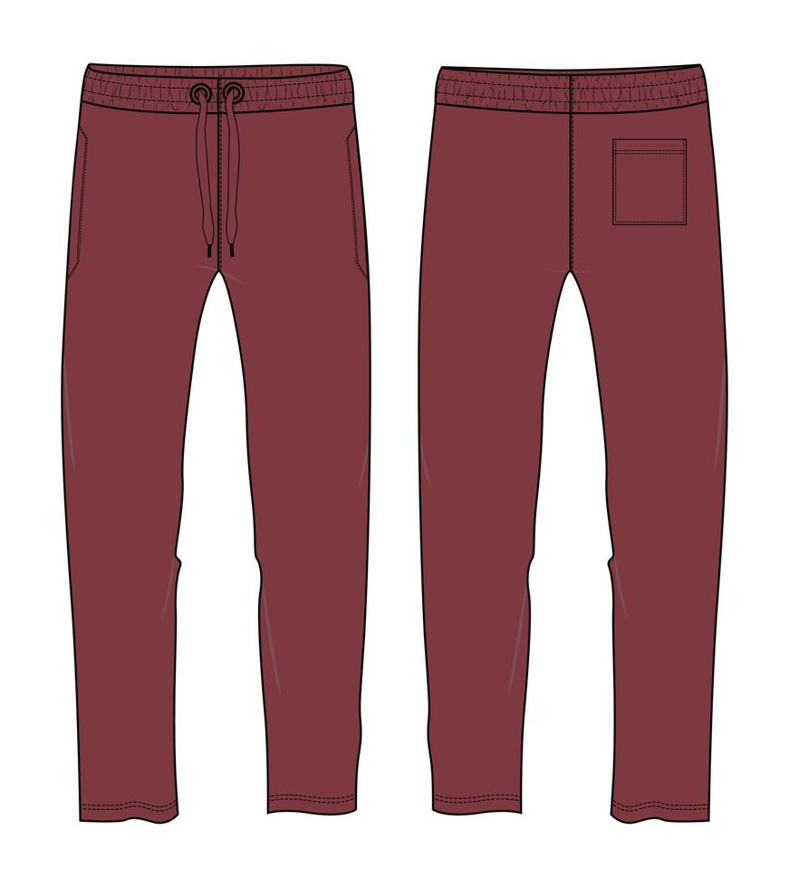 pantalones de chándal moda técnica boceto plano ilustración vectorial plantilla de color rojo vistas frontales y traseras vector