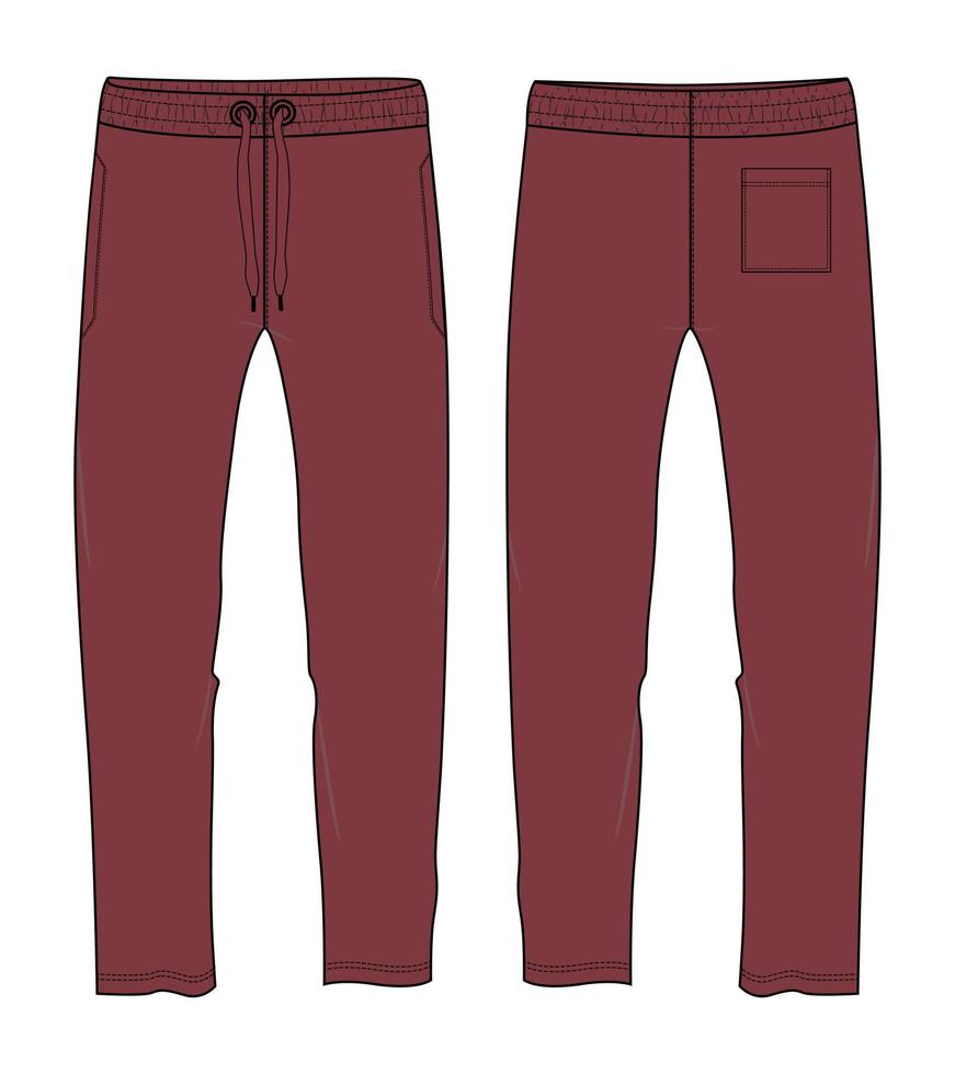 Sweatpants technical fashion flat sketch vector illustration Red Color template front back views