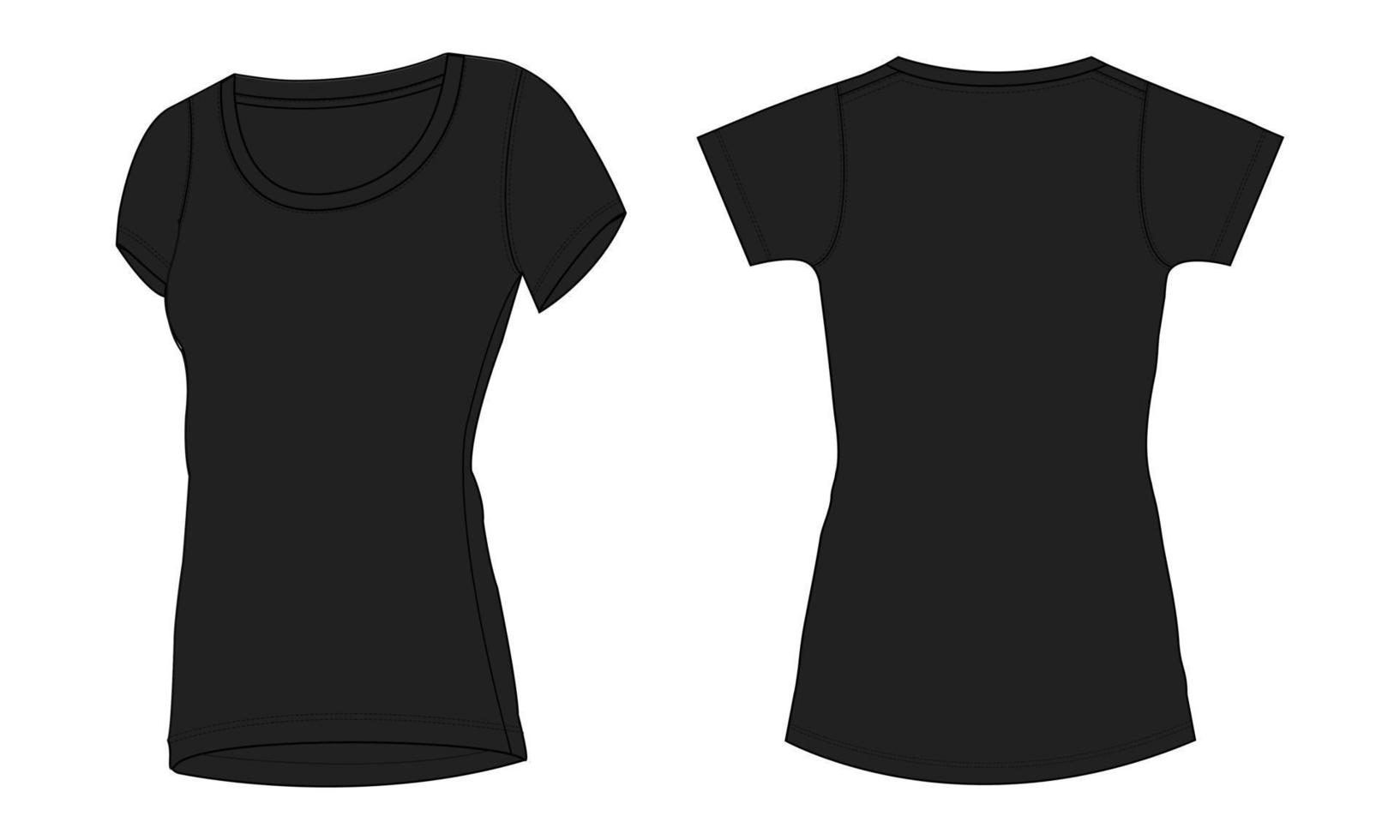 Short sleeve slim fit t shirt technical fashion flat sketch vector illustration Black Color template for ladies