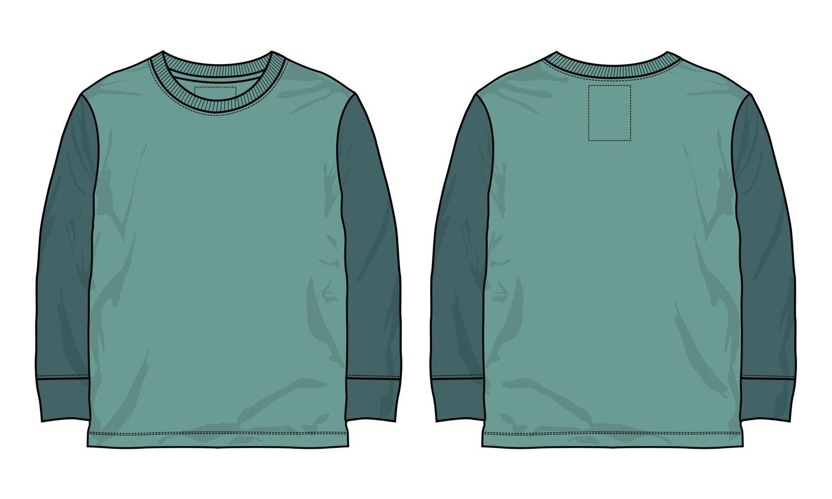 Two tone Green Color Long sleeve t shirt technical flat sketch vector illustration template
