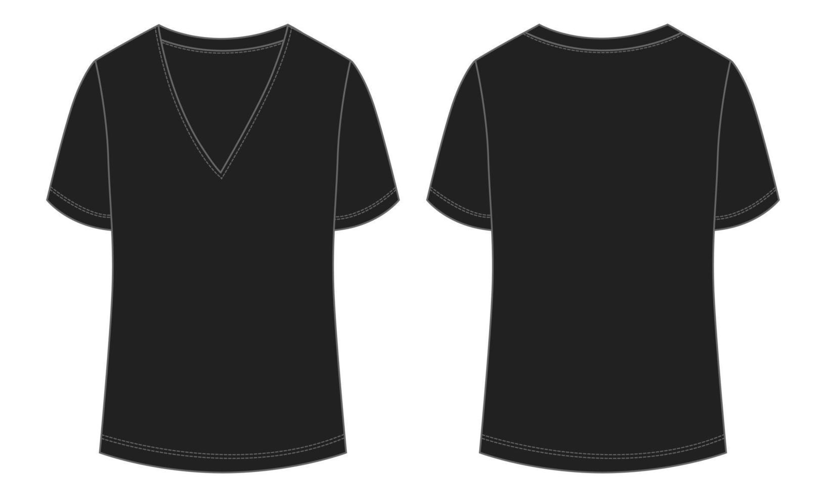 camiseta con cuello en v moda técnica boceto plano ilustración vectorial plantilla de color negro para damas vector